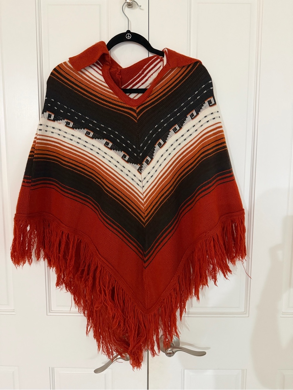 Vintage 70s Striped Knit Fringe Poncho Sweater Rust Orange Chevron OS